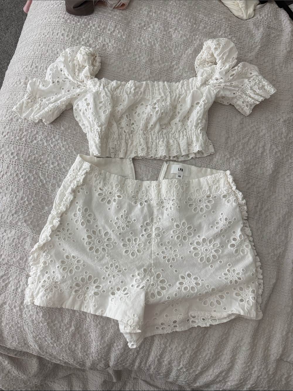LPA White Eyelet High-Rise Shorts with top